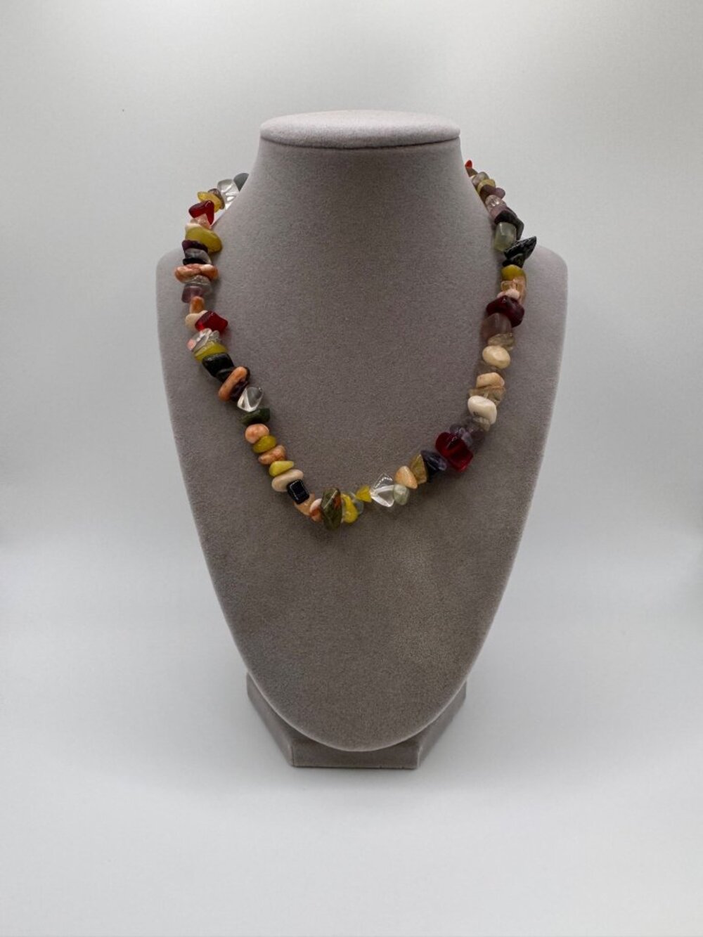 Mixed Gemstone Glass Chip Necklace Boho Earthy Beaded 16in + Extender Bold